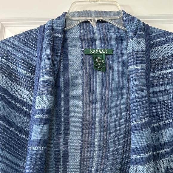 Lauren Ralph Lauren Striped Southwest Blue Linen Open Front Cardigan Sweater - Picture 2 of 9